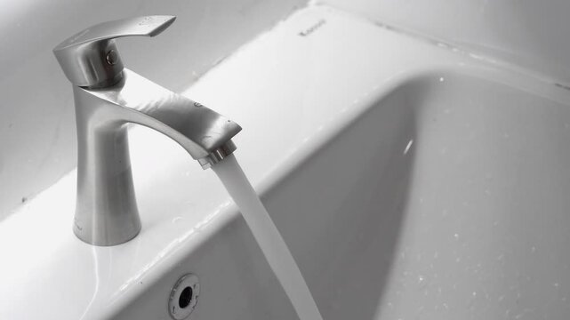 Hand turning water tap for pouring water into sink in bathroom.
