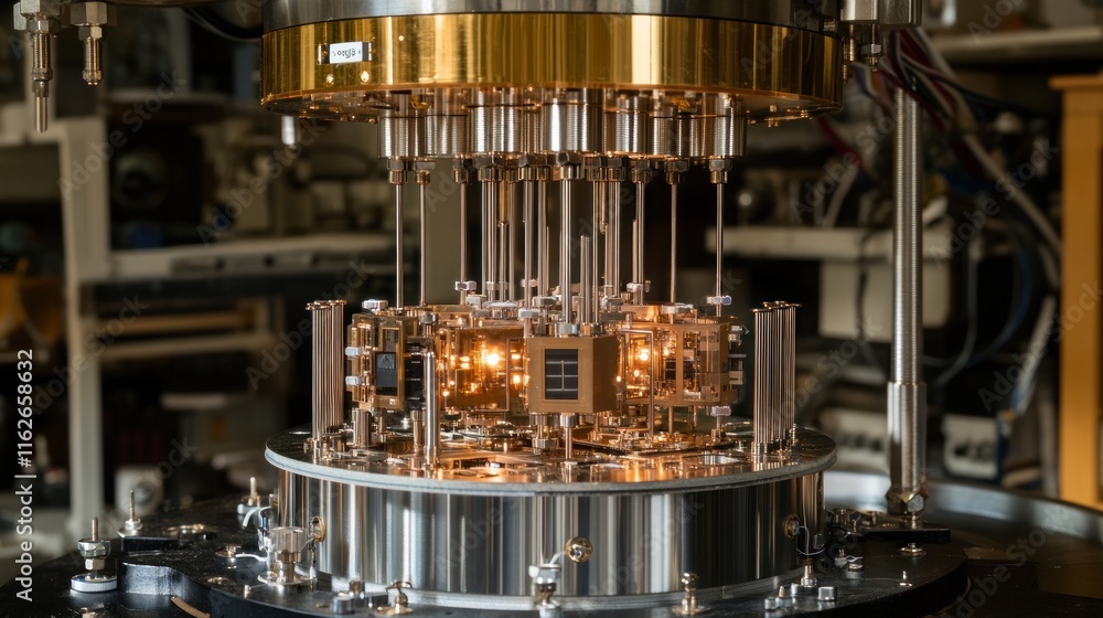 Poster a close-up of a complex quantum computing device with intricate components and glowing elements.