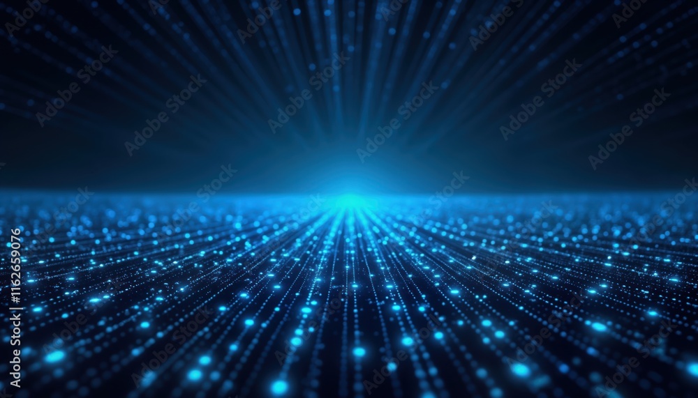 Poster Digital tech illustration shows glowing blue pixel pattern. Abstract geometric square grid on dark background. Motion blur creates dynamic effect. Modern design. Futuristic pattern. Elegant style.