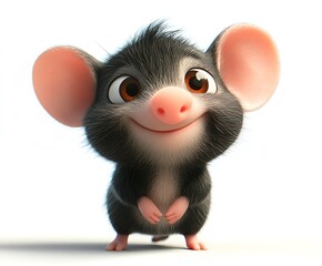 Fototapeta premium Adorable 3D rendered cartoon mouse with big ears and pink nose, looking up.