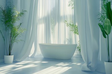 Serene bathroom with freestanding tub, sheer curtains, and potted plants, bathed in sunlight.