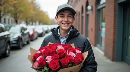 Fototapeta premium Smiling man holding a bouquet of red and pink roses, wearing a cap and jacket, standing outdoors on a city street in autumn. Valentine's Day Flower Delivery Concept