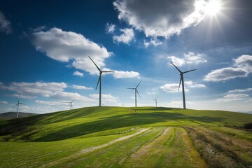 Wind turbines on green hills generating clean renewable energy