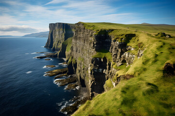Exquisite Image Depicting the Edge of a Scenic Cliff Bordering a Calm Blue Sea under and Enchanting Sky