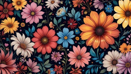 Vibrant Floral Pattern on Dark Background