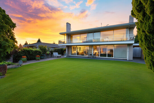Modern split-level house from the 1970s at sunset