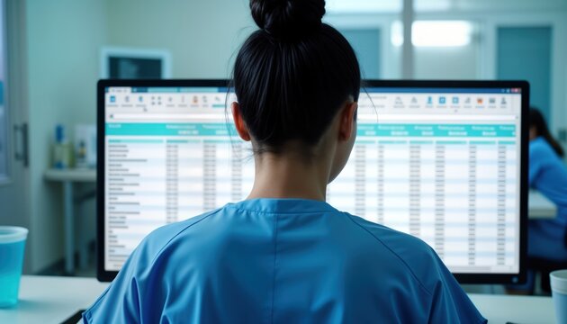 Medical pro reviews detailed patient data on computer screen. Clinical spreadsheet displays patient appointments, treatment schedules. Medical office setting. High-angle view of monitor. Focus on