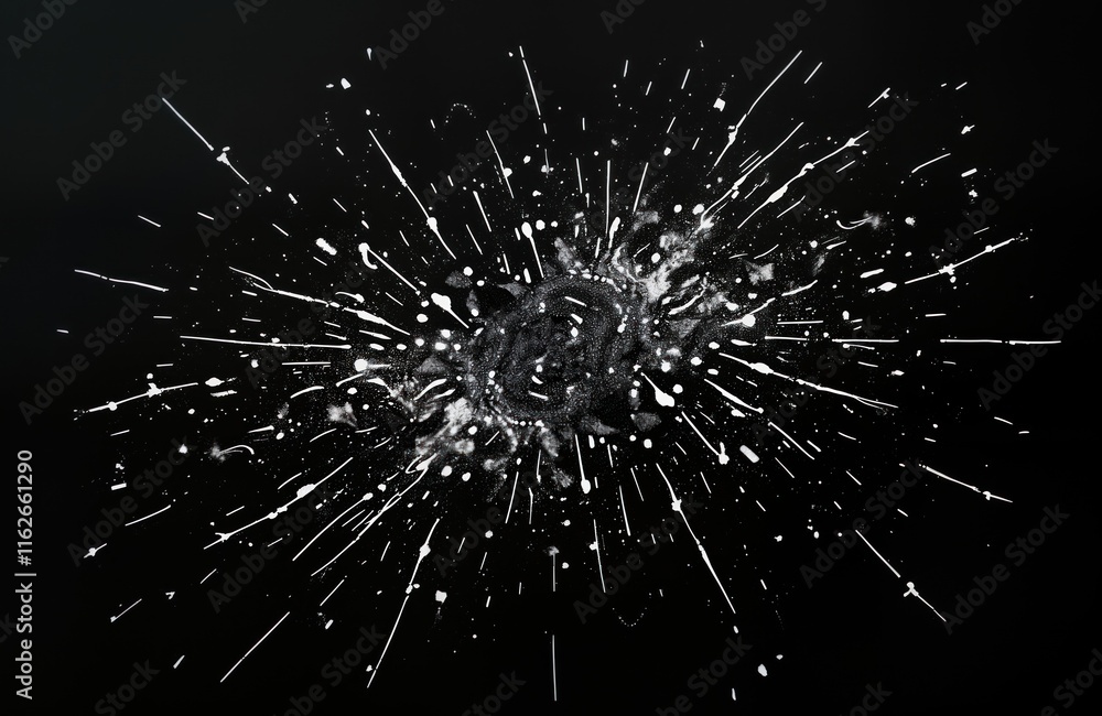 Poster Abstract design with white scratches, splatters against dark background. White streaks, spots create radiating effect. Possible themes include abstract art design element texture, grunge effect,
