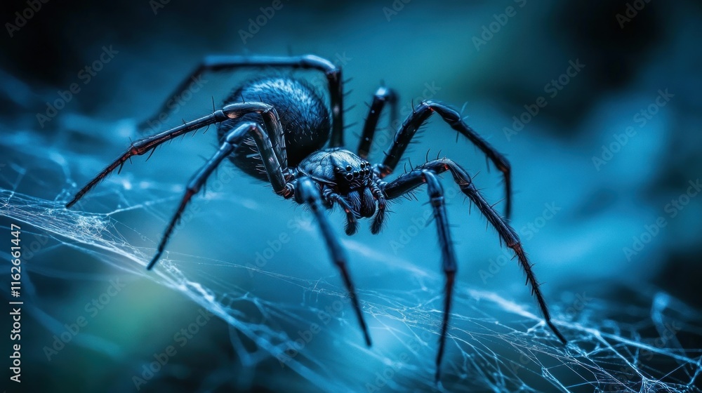 Poster a close-up of a spider on its web, showcasing intricate details and textures.