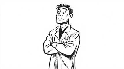 A confident male scientist in a lab coat drawn in a black and white cartoon style with a thoughtful and professional expression  
