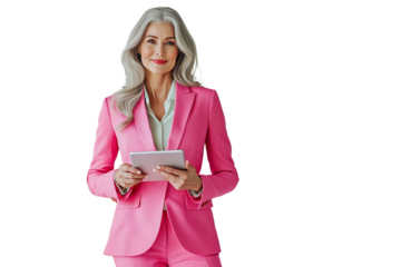 woman in pink suit with a tablet isolated on white