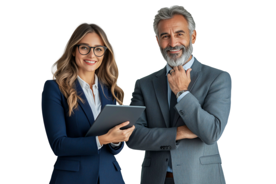 Middle ages man and woman with a tablet isolated on transparent