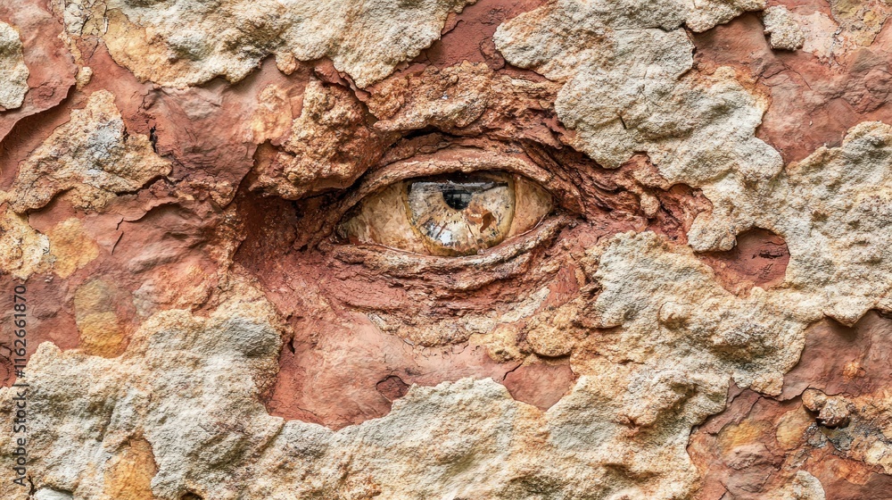 Poster a close-up of a textured surface resembling an eye, blending natural and artistic elements.