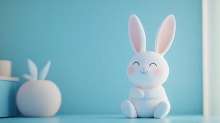 Obraz premium Cute cartoon bunny figurine with soft pastel colors on blue background