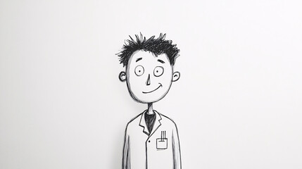 A playful black and white sketch of a male scientist with spiky hair and a friendly smile wearing a lab coat  
