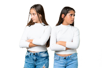 Friends girls holding gift and a birthday cake over isolated chroma key background with confuse face expression while bites lip