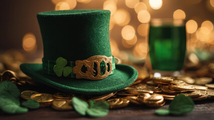 st patricks day and green hat with gold coins