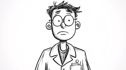 A black and white sketch of a serious male scientist wearing glasses and a lab coat with a calm yet focused expression  
