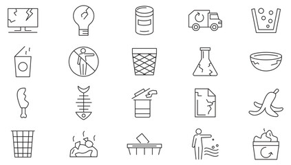 Garbage line icon set. Plastic bottles, biodegradable trash, junk truck, landfill, paper, glass, batteries, garbage disposal, trash separation line icon set. UI thin line icon pack.