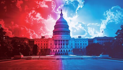 The US Capitol Building dramatically split by opposing colors, symbolizing political division.