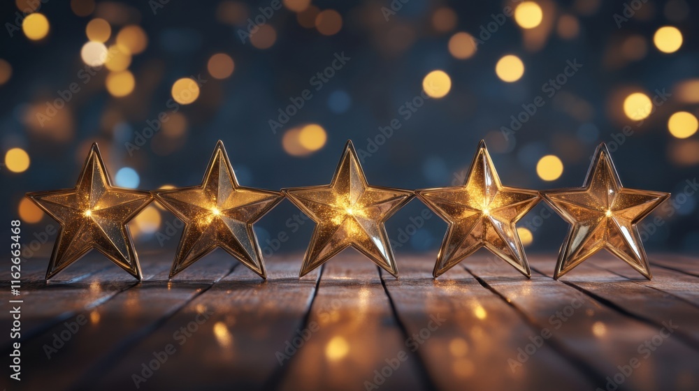 Poster golden stars on wooden table with soft bokeh background