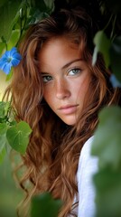 Naklejka premium Young woman with curly hair and blue eyes poses amid green leaves and blue flowers in a natural setting