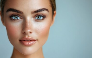 Close-up portrait of a young woman with flawless skin and light makeup, showcasing her beautiful eyes and freckles.