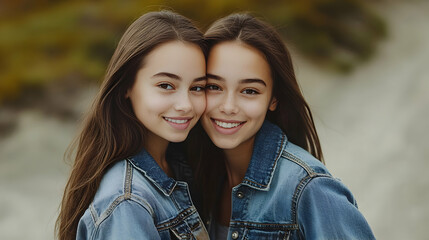 Fototapeta premium Identical twin women wearing casual denim jackets smiling against natural backdrop cheerful portrait