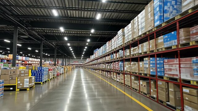 Efficient Warehouse Storage Layout Showcases Organized Aisles Filled With Various Products