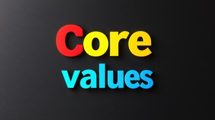 A vibrant display of the words "Core Values" in bold colors against a dark background, symbolizing foundational principles and beliefs.