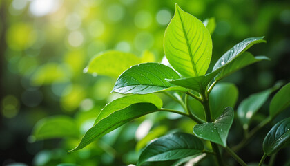 Lush green leaves sparkling with dewdrops in vibrant jungle, tranquility. Earth Day, take care of the planet. 