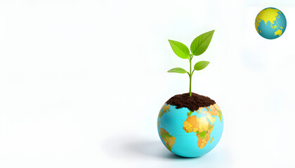 Green plant growing from globe on white background, environmental awareness. Earth Day, take care of the planet. 