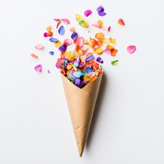 Colorful flower petals spill from a paper cone on a bright white background creating a vibrant visual display