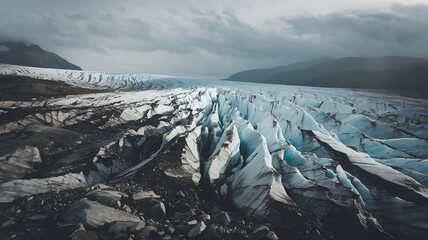 A breathtaking landscape of a melting glacier with deep crevasses, icy blue tones, and rocky terrain, surrounded by misty mountains under a moody, overcast sky, highlighting the impact of climate chan