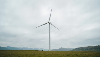 Obraz premium Wind turbine operating in open field under cloudy sky, sustainable energy. Earth Day, take care of the planet. 