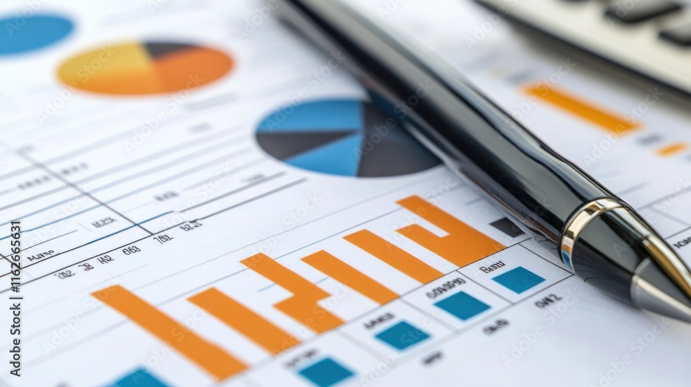 Poster a close-up of financial charts and graphs with a pen and calculator, indicating analysis.