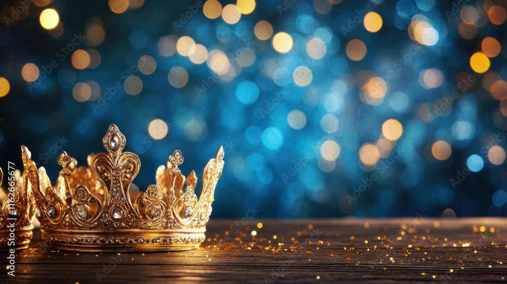 Poster glimmering golden crowns on table with sparkling bokeh background