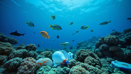 Fototapeta premium Marine wildlife navigating plastic debris in coral reef, pollution awareness. Earth Day, take care of the planet. 