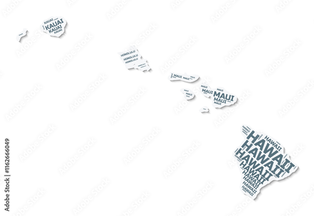 Poster hawaii shape text cloud. state border with shadow on white background. hawaii with counties division