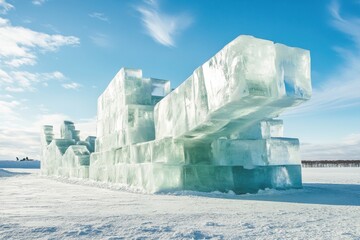 Large blocks of clear ice are artistically arranged in a winter landscape, illuminated by bright sunlight. The cold environment emphasizes the beauty and transparency of the ice structures.