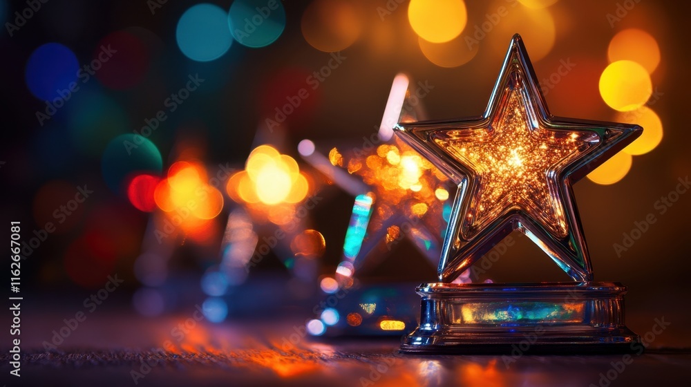 Poster shiny star decorations with colorful bokeh background effect
