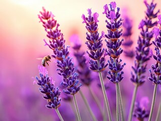 Fototapeta premium Bees pollinating lavender flowers garden close-up photography serene environment macro view nature's beauty