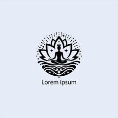Design a minimalist logo featuring a serene figure in a meditative pose, seated on a stylized lotus flower