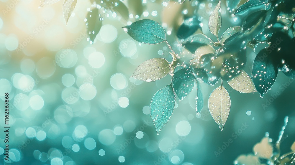 Poster a close-up of leaves with droplets, creating a serene, nature-inspired atmosphere.