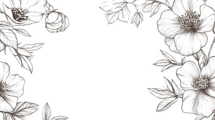 Fototapeta premium Elegant Floral Frame with Delicate Line Drawings of Flowers and Leaves