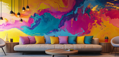 comfortable sofa with colourful pillows and wallls