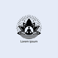 Design a minimalist logo featuring a serene figure in a meditative pose, seated on a stylized lotus flower