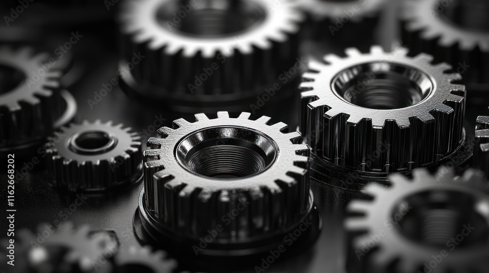 Poster a close-up of metallic gears showcasing intricate design and industrial purpose.