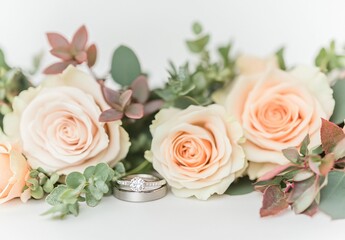 Obraz premium Elegant Wedding Rings Nestled Among Peach Roses and Greenery