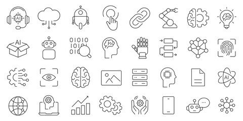 artificial intelligence icon set. Technology, ai, digital, brain, chip , and more. editable stroke thin outline icons.